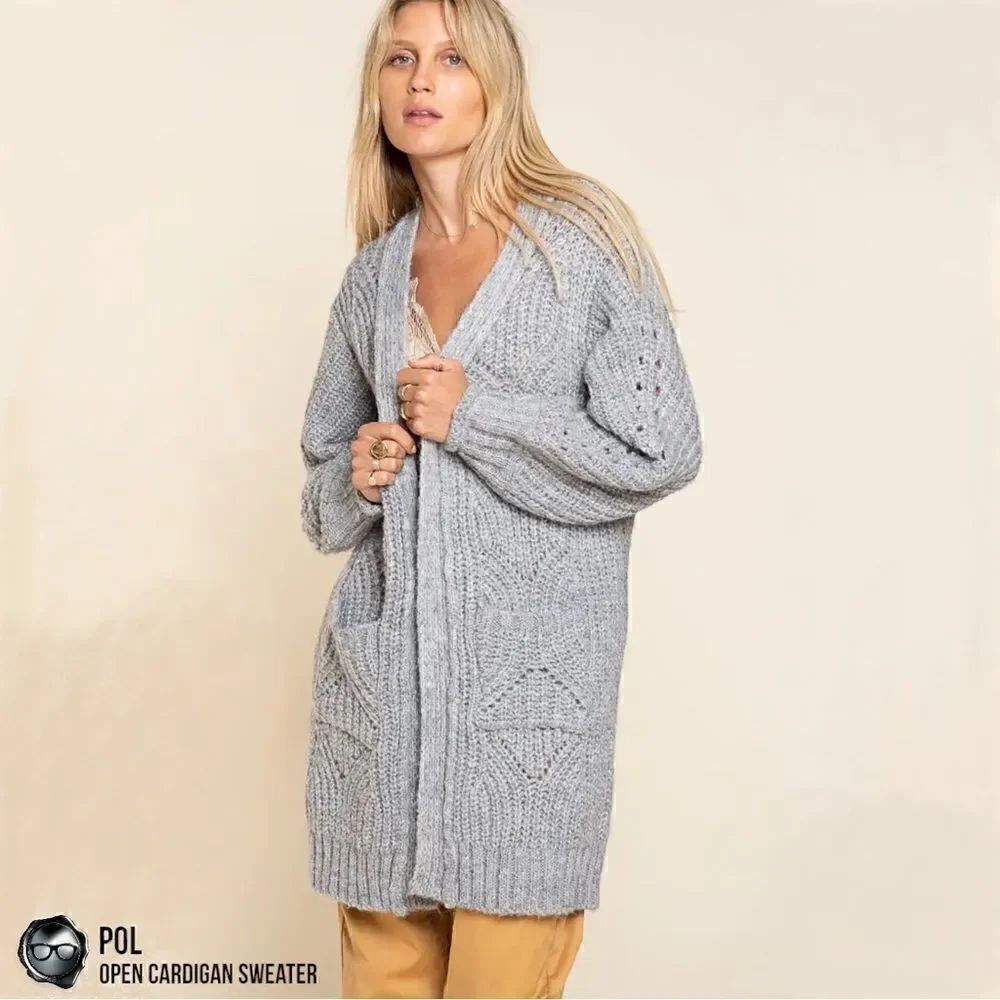POL CHUNKY CABLE KNIT DUSTER CARDIGAN SWEATER HEATHER GREY WOMEN’S SIZE MEDIUM